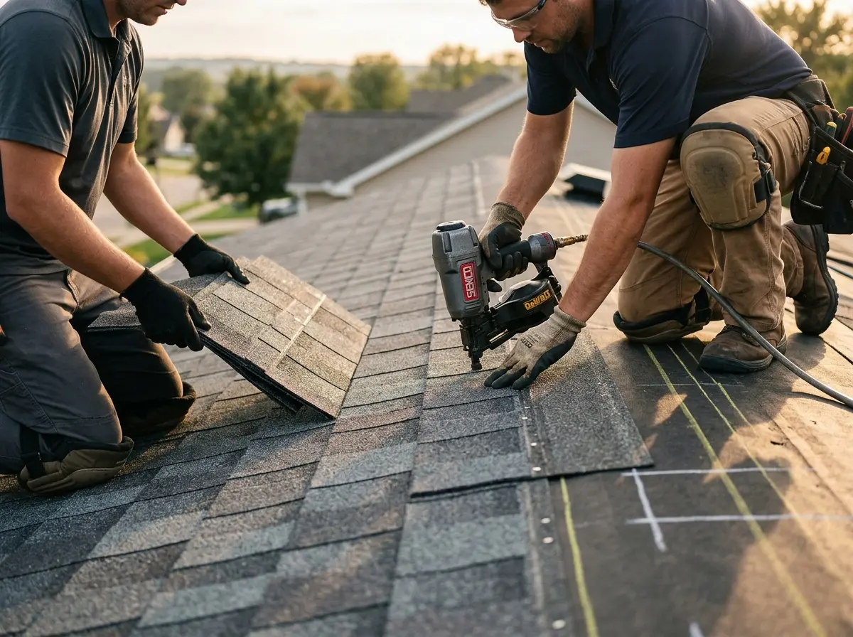 Professional roofer working on a residential roof in Mills River